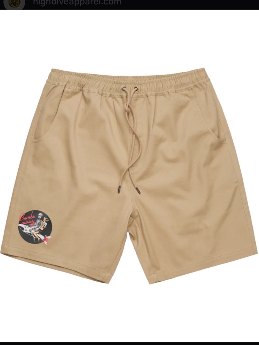Men's Tan Drawstring Shorts with Left-Leg Graphic